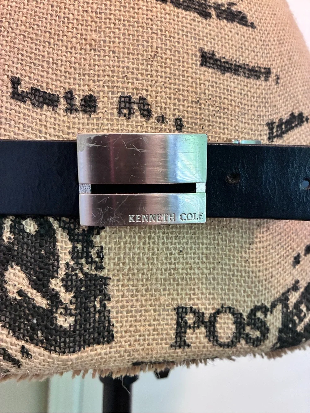 Kenneth Cole Black Leather Belt with Brushed Silver Rectangular Buckle